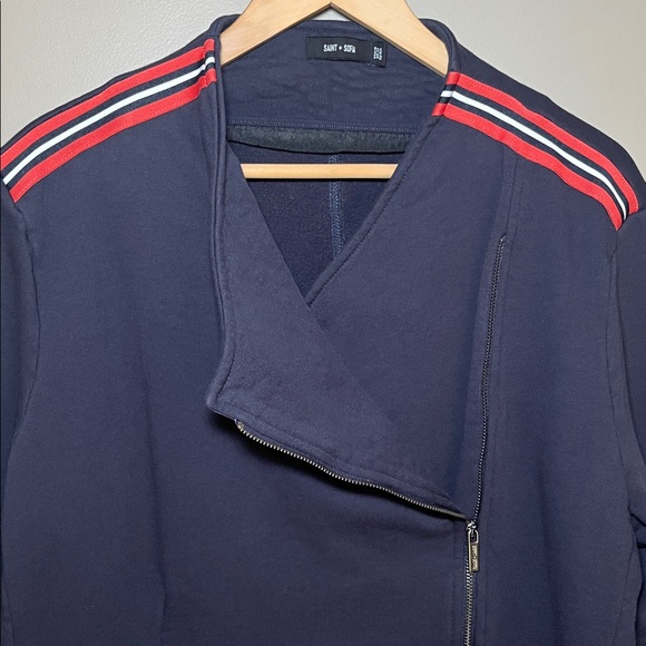 Saint + Sofia Organic Cotton Biker Jacket in Navy Red/Orange Stripe US 18 - Picture 7 of 14